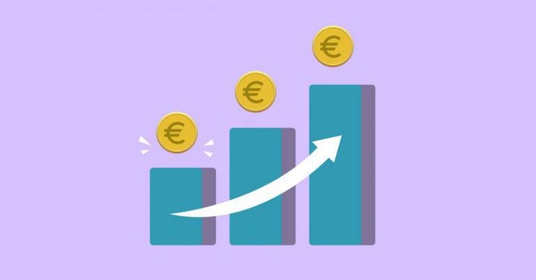 Saving Strategies - Vector illustration of income growth chart with arrow and euro coins against purple background